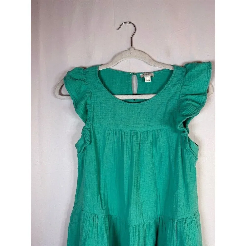 J.Crew Dress Womens Size 0 Green Tiered Knee Length Ruffle Cap Sleeve Casual